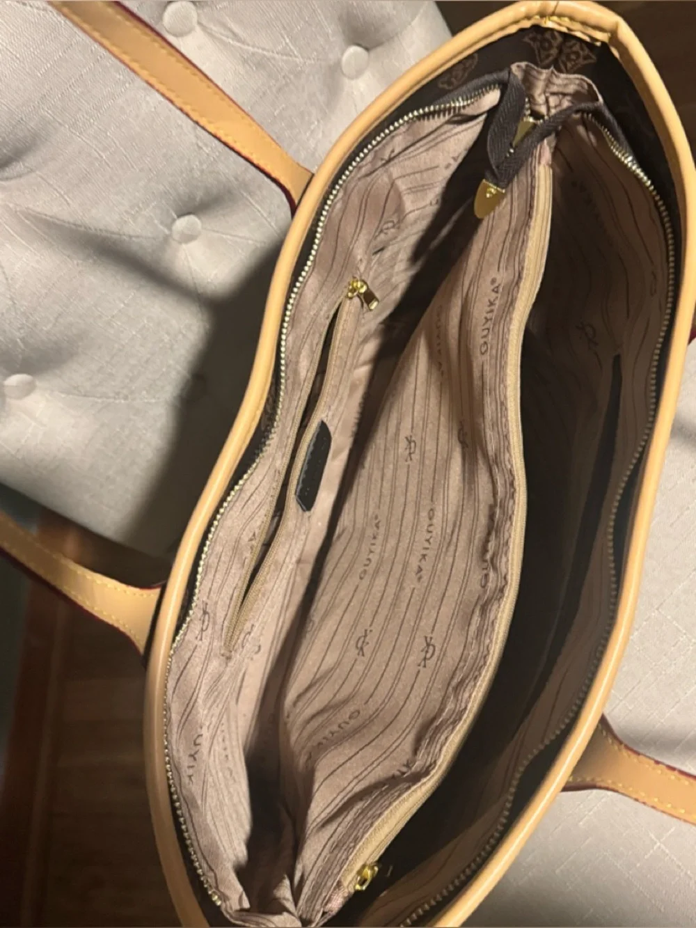 Guyika Brown Monogram Tote with Tan Trim - Picture 11 of 16